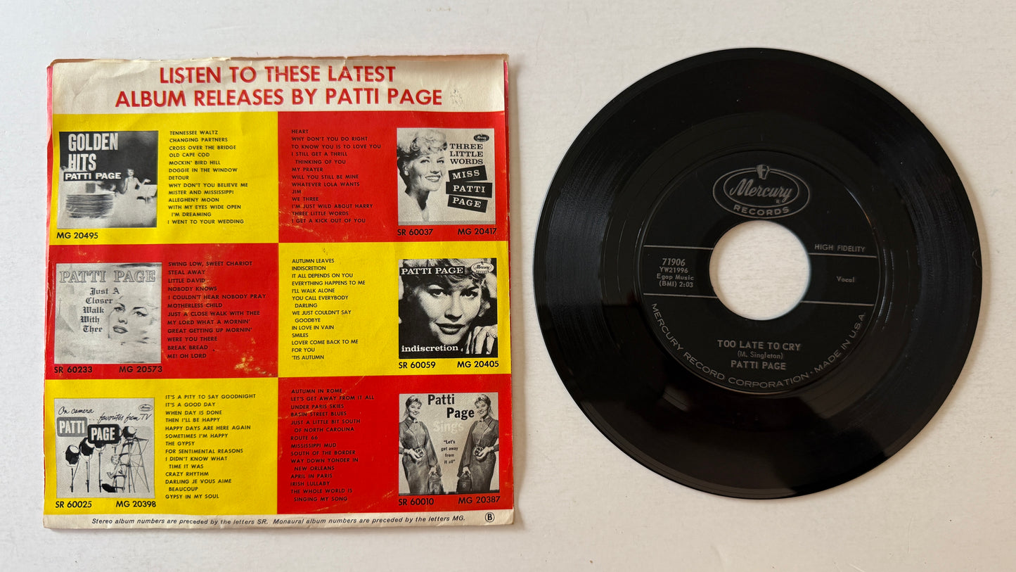 Patti Page Go On Home / Too Late To Cry Used 45 RPM 7" Vinyl VG+\