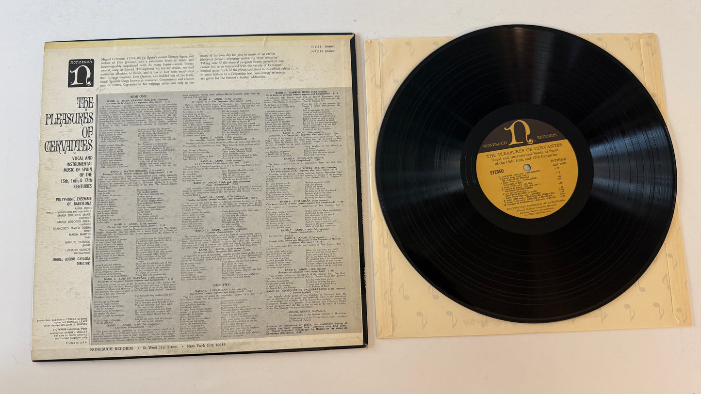 Polyphonic Ensemble Of Barcelona The Pleasures Of Cervantes: Vocal And Instrumental Music Of Spain Of The 15th, 16th & 17th Centuries Used Vinyl LP VG+\VG