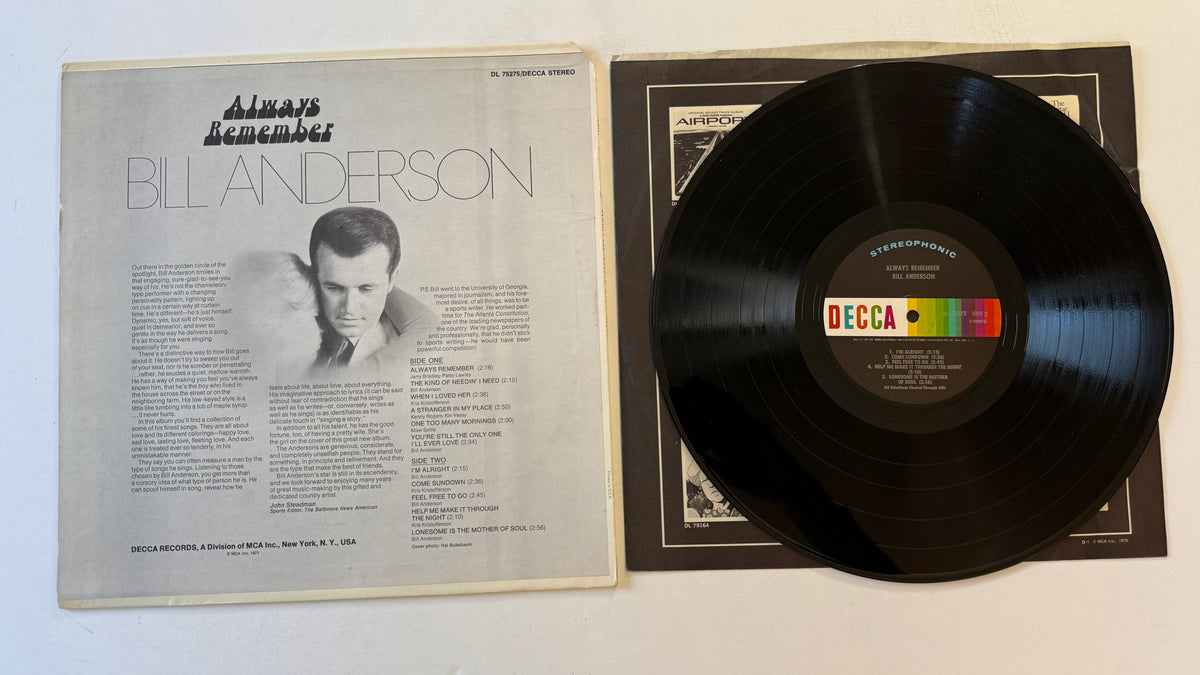 Bill Anderson Always Remember Used Vinyl LP VG+\VG+