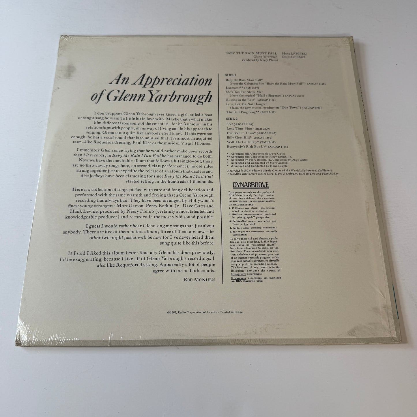 Glenn Yarbrough Baby The Rain Must Fall New Vinyl LP M\VG+