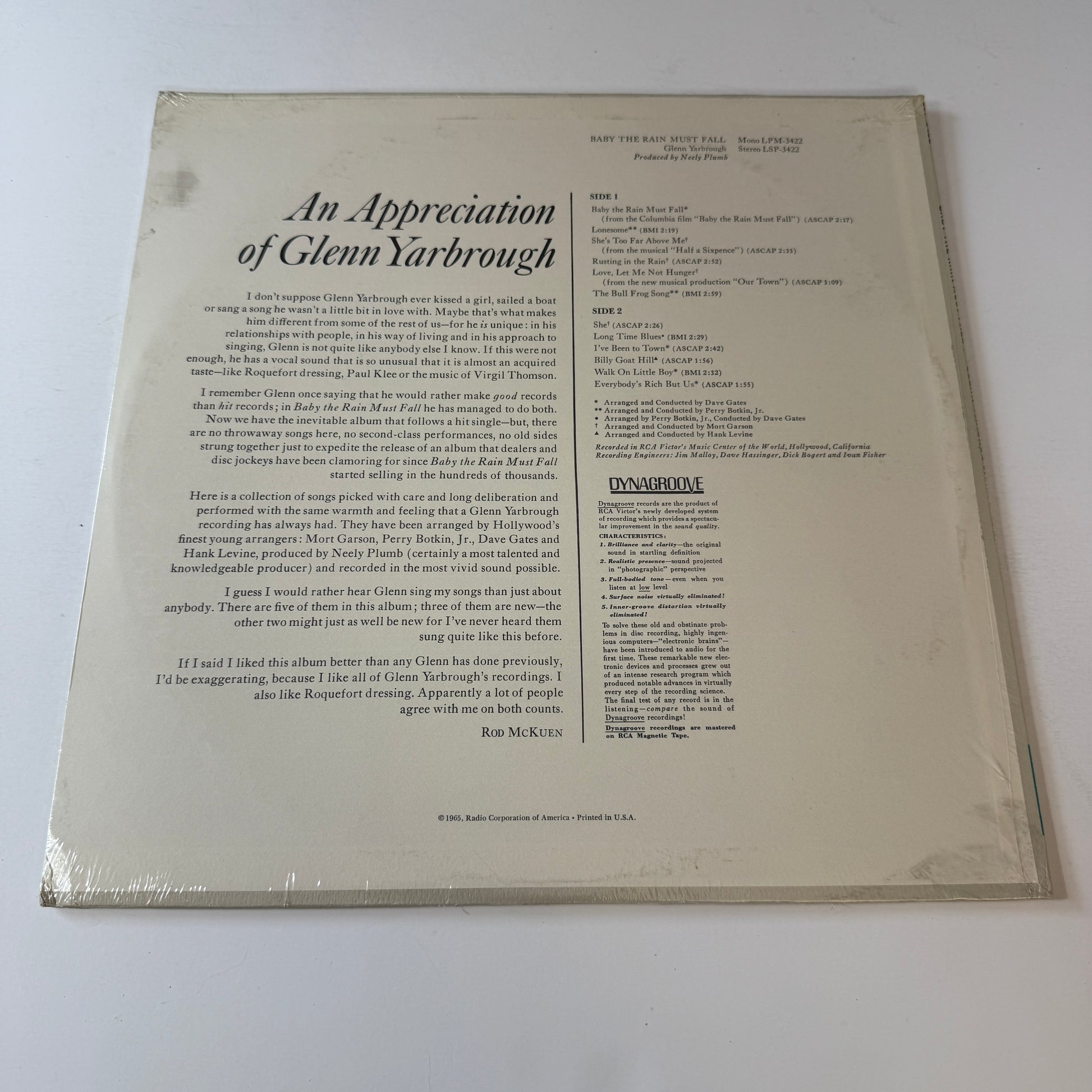 Glenn Yarbrough Baby The Rain Must Fall New Vinyl LP M\VG+