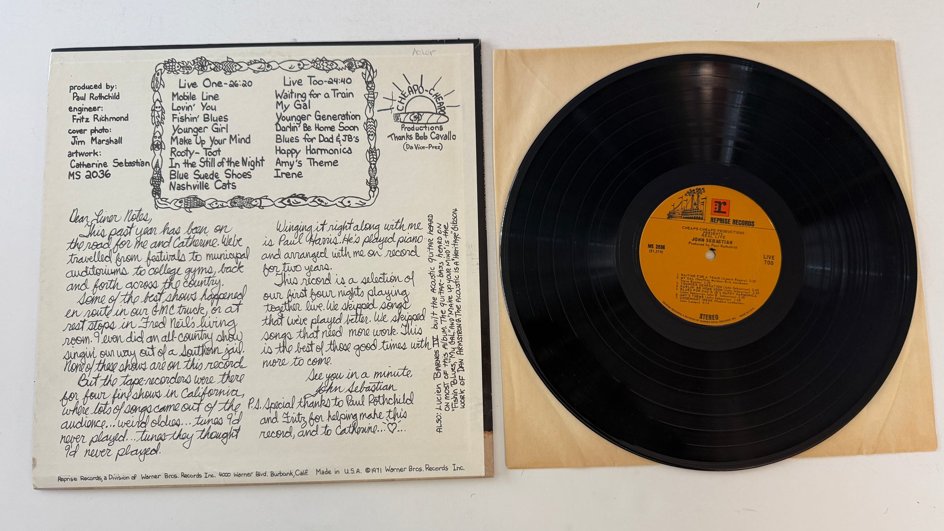 John Sebastian Cheapo-Cheapo Productions Presents Real Live Used Vinyl LP VG+\VG