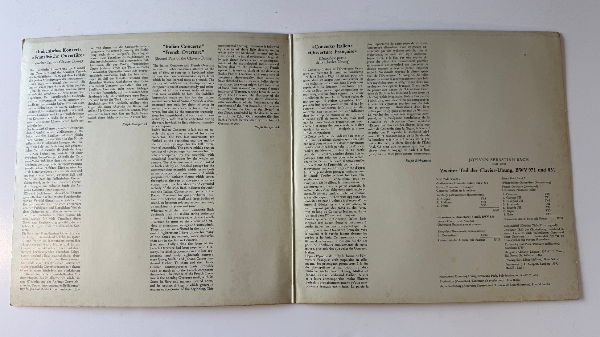 Johann Sebastian Bach Clavier-Uebung Zweyter Theil Concerto Nach Italianischen Gusto / Ouverture Nach Französischer Art (BWV 971 Und 831) Used Vinyl LP VG+\VG+