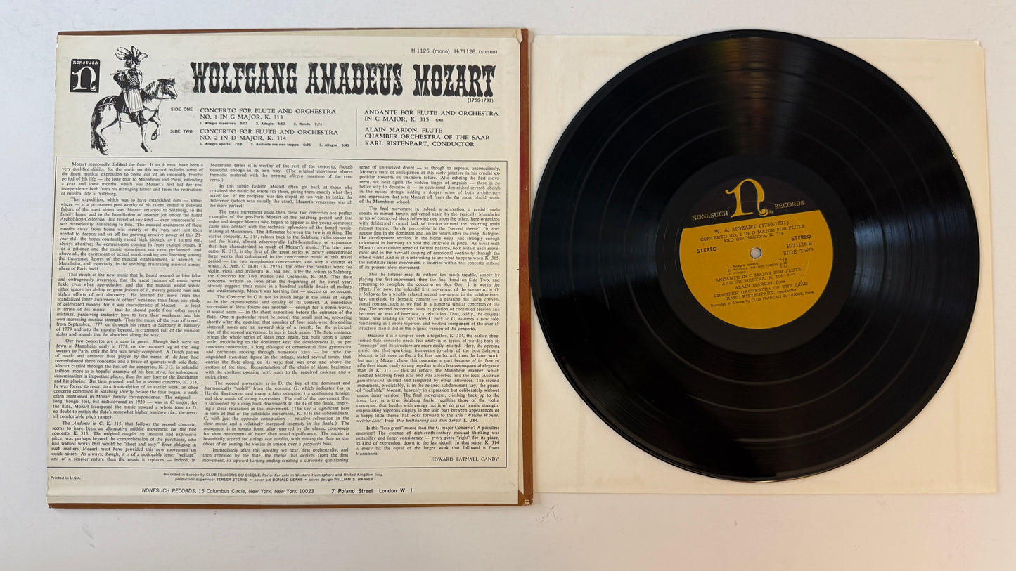 Wolfgang Amadeus Mozart Concertos For Flute And Orchestra Andante For Flute And Orchestra Used Vinyl LP VG+\VG