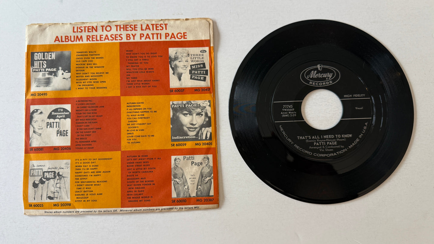 Patti Page Don't Read The Letter / That's All I Need To Know Used 45 RPM 7" Vinyl VG+\