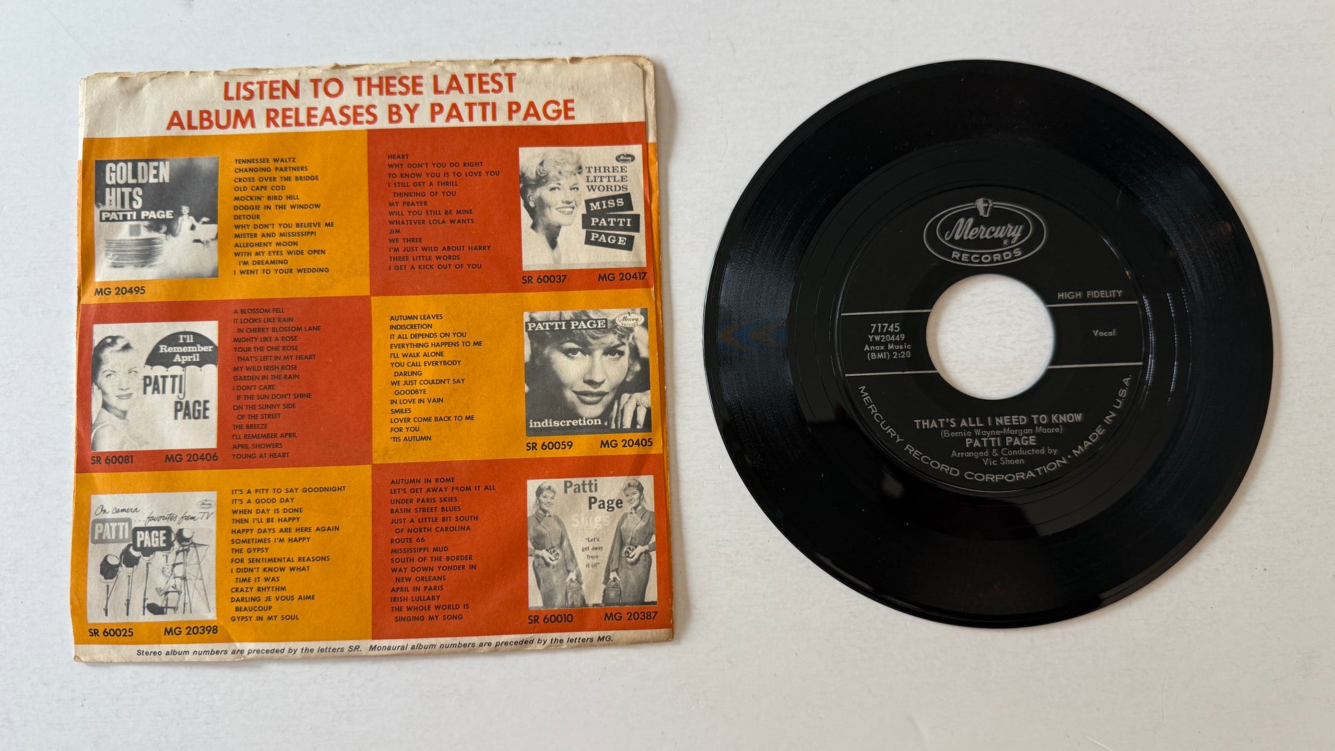 Patti Page Don't Read The Letter / That's All I Need To Know Used 45 RPM 7" Vinyl VG+\