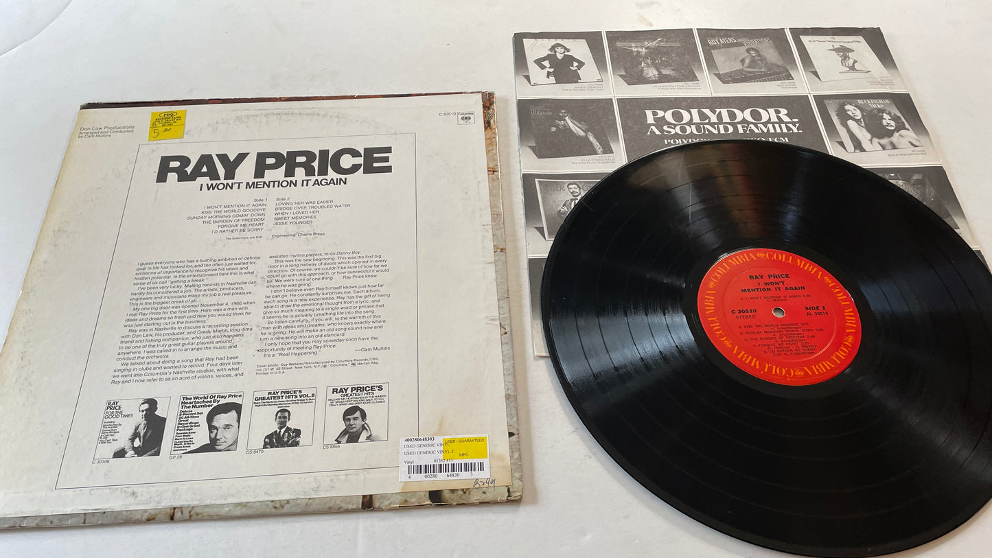 Ray Price I Won't Mention It Again Used Vinyl LP VG+\VG+