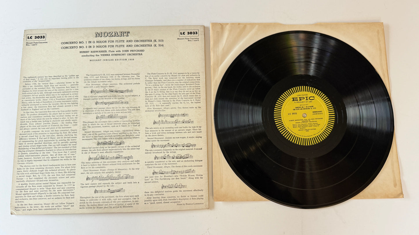 Hubert Barwahser Mozart: Concerto No. 1 In G Major For Flute And Orchestra (K.313) / Concerto No. 2 In D Major For Flute And Orchestra (K.314) Used Vinyl LP VG+\VG