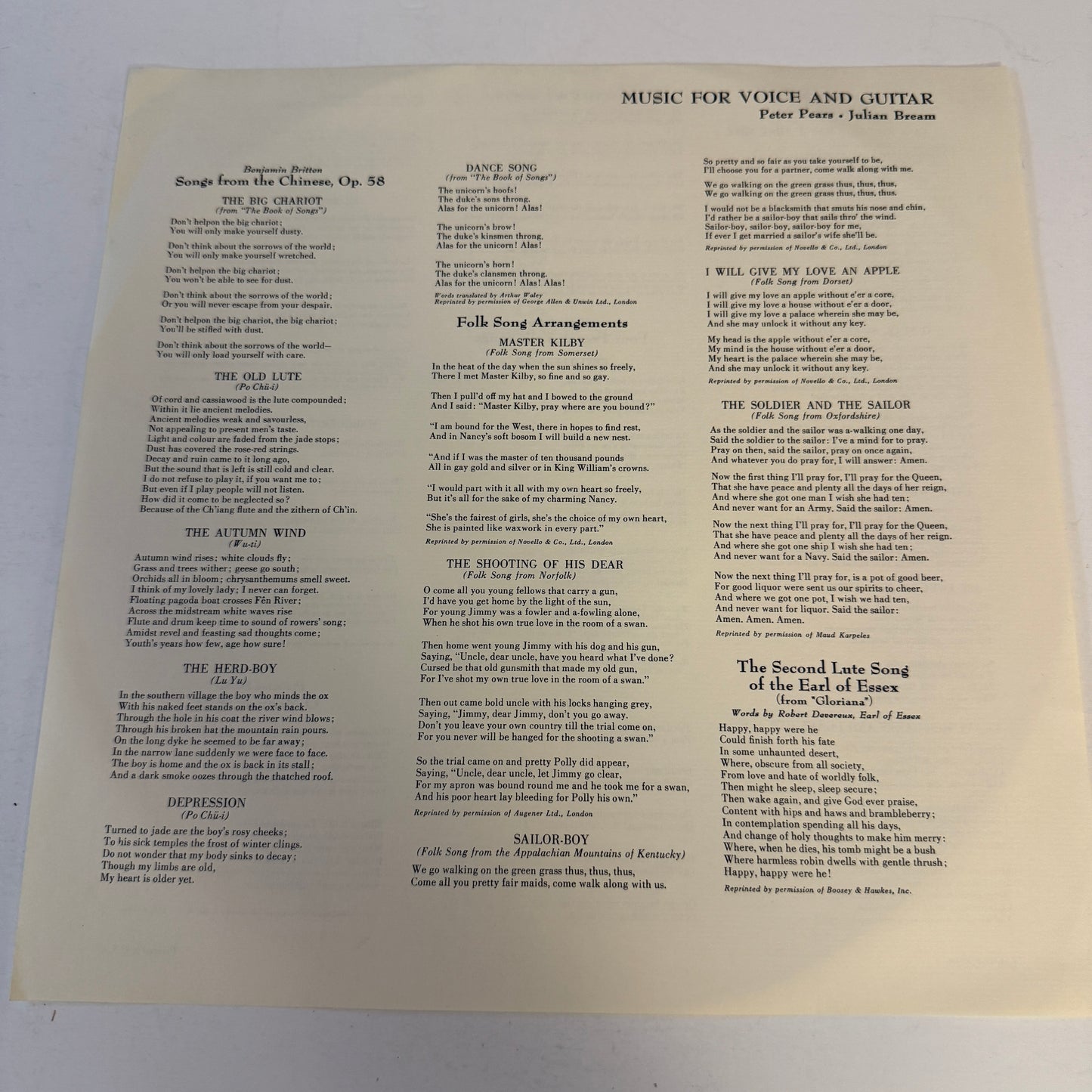 Peter Pears Music For Voice And Guitar Used Vinyl LP VG+\VG+