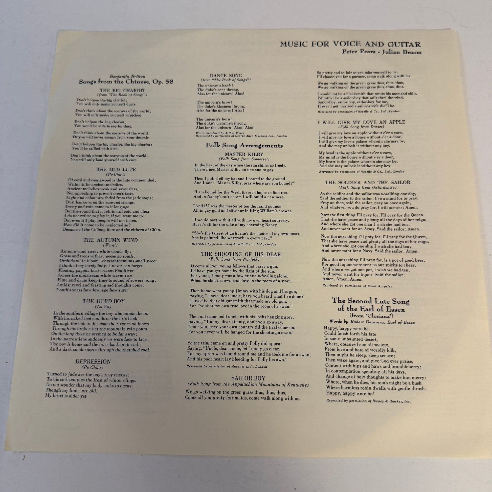 Peter Pears Music For Voice And Guitar Used Vinyl LP VG+\VG+