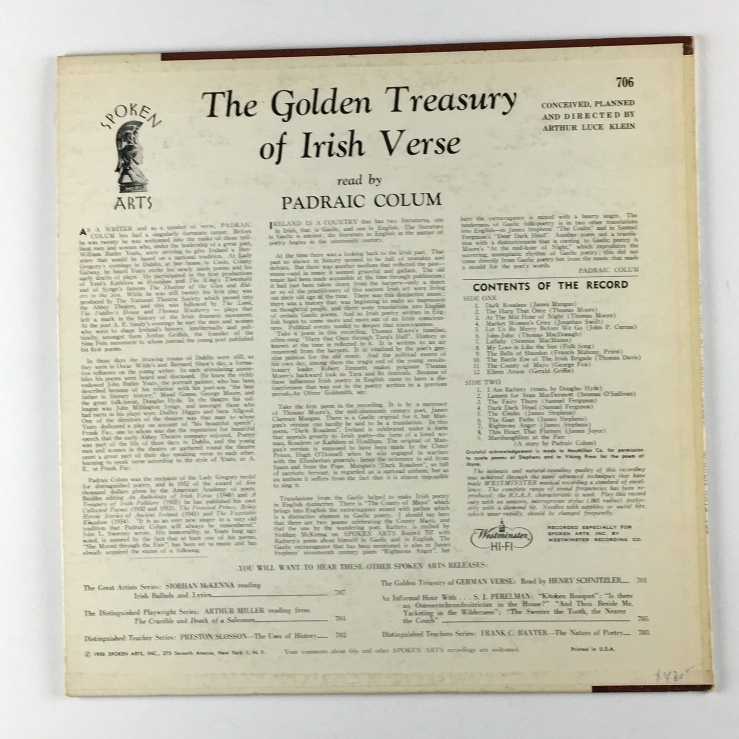 Padraic Colum ‎ The Golden Treasury Of Irish Verse Orig Press Used Vinyl LP VG\VG