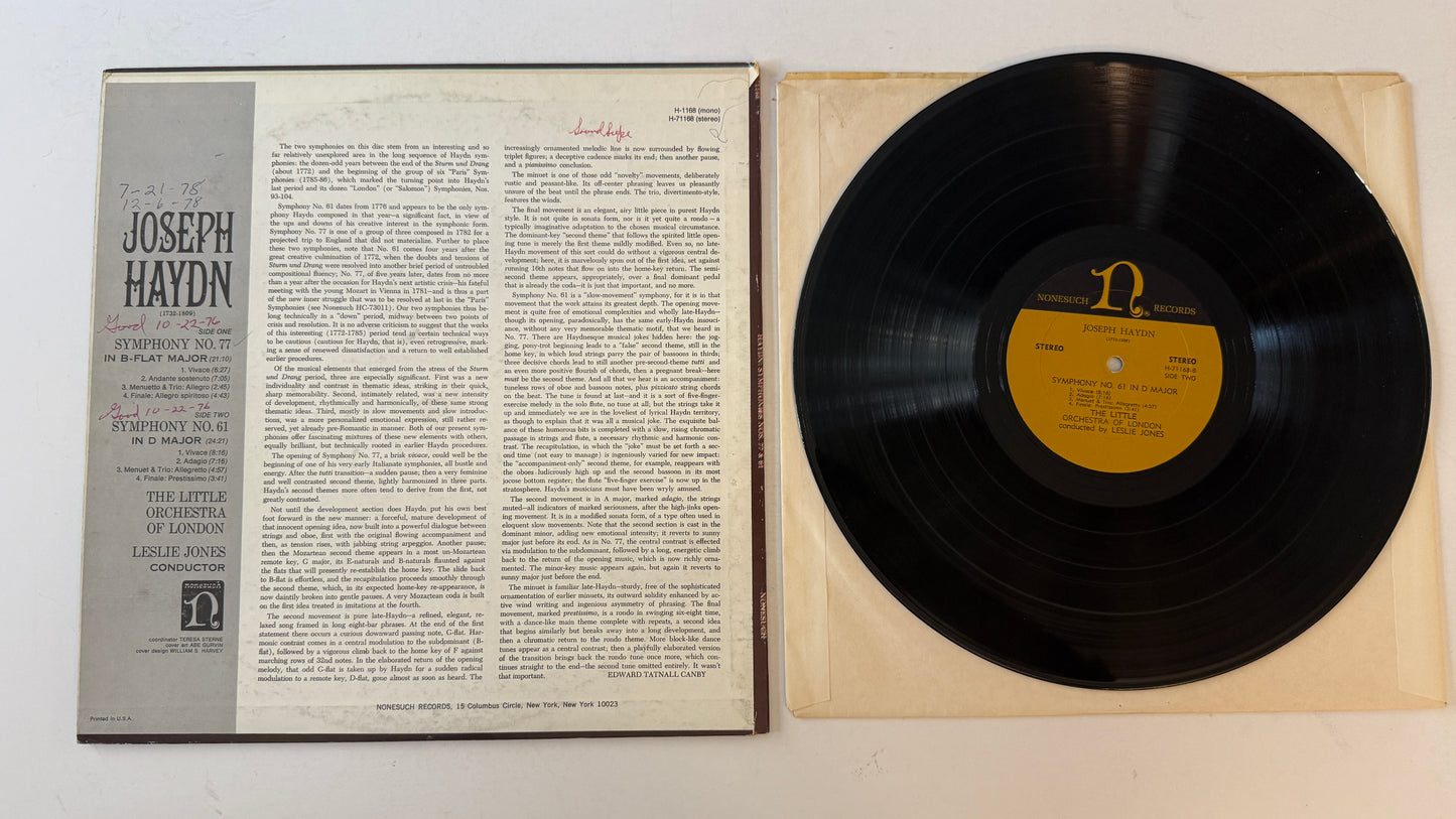 Joseph Haydn Symphonies Nos. 77 & 61 Used Vinyl LP VG+\VG