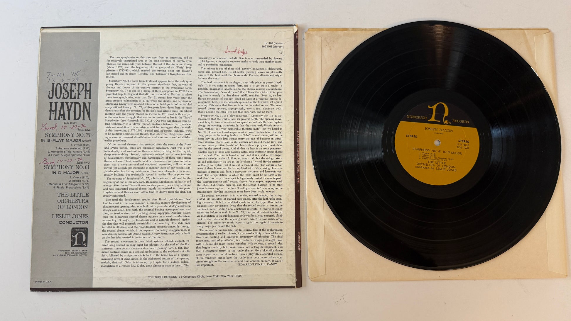 Joseph Haydn Symphonies Nos. 77 & 61 Used Vinyl LP VG+\VG